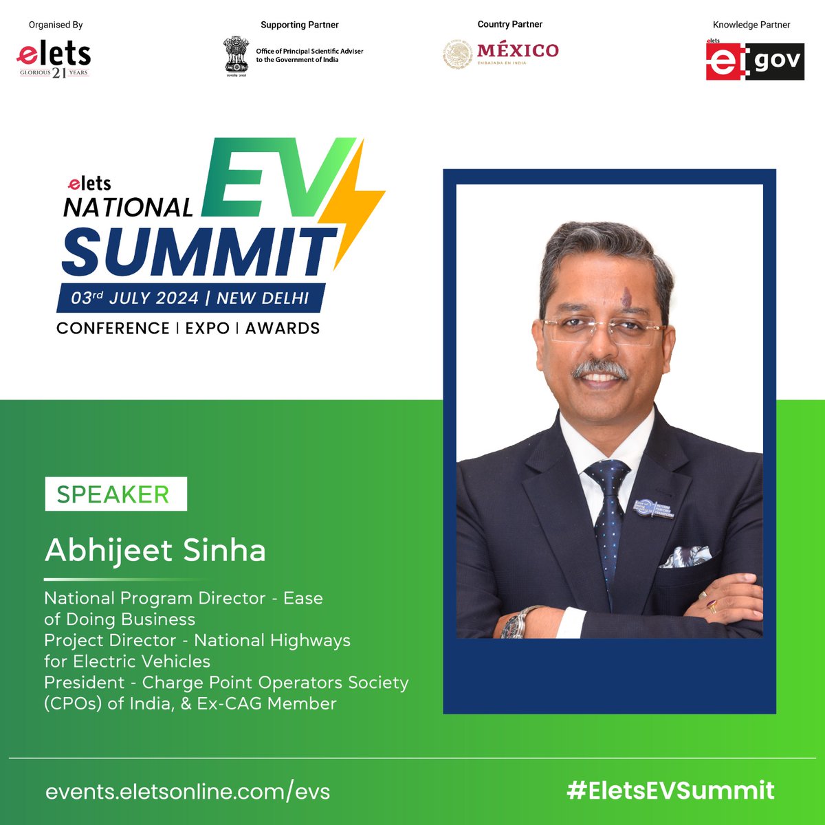 egovonline's tweet photo. We proudly announce that @Abhijeet_Sinhaa, National Program Director - @EODB_IN, Project Director - @NHforEV, President - @CPOSIndia, &amp; Ex- CAG Member is joining us at the at the Elets National EV Summit.

Date: 3rd July, 2024   

https://t.co/sGiThqSvHR 

#EletsEVSummit https://t.co/6cvw2g9U9h