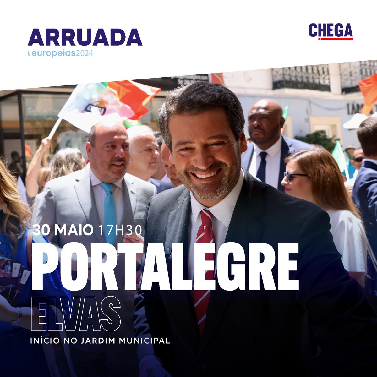 E logo à tarde vamos rumar até Elvas, no distrito de Portalegre, para mais uma grande arruada de campanha! 🙌 🕑 17h30 📌 Elvas, Portalegre Neste 9 de junho, vota por uma Europa orgulhosa, alegre e patriota. Vota por Portugal! 🇵🇹#CHEGA