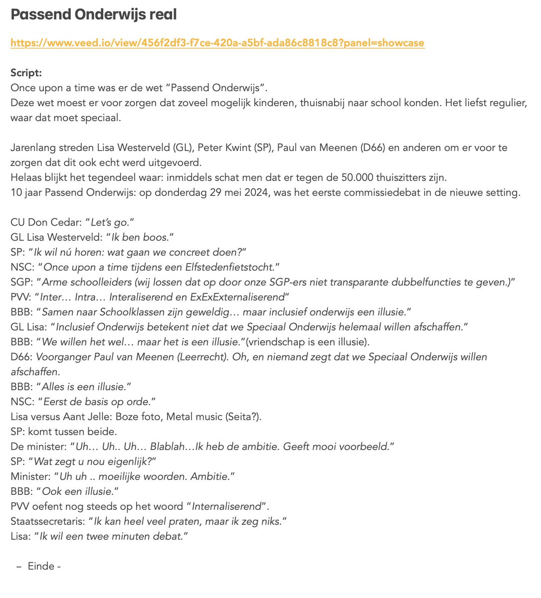 Voor wie nog op zoek was naar een samenvatting van het ruim 4-uur durende commissiedebat #PassendOnderwijs van donderdag 29 mei 2024.

Filmpje 👉 veed.io/view/456f2df3-…

#InclusiefOnderwijs #Onderwijs