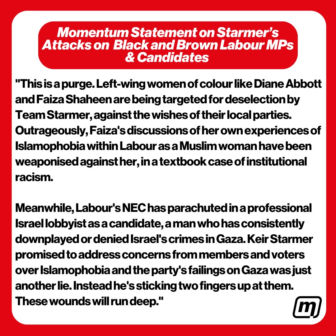 Our statement on Starmer's cruel and vindictive treatment of Black and Brown Labour MPs & candidates. 🔽 We stand with @HackneyAbbott and @faizashaheen ✊