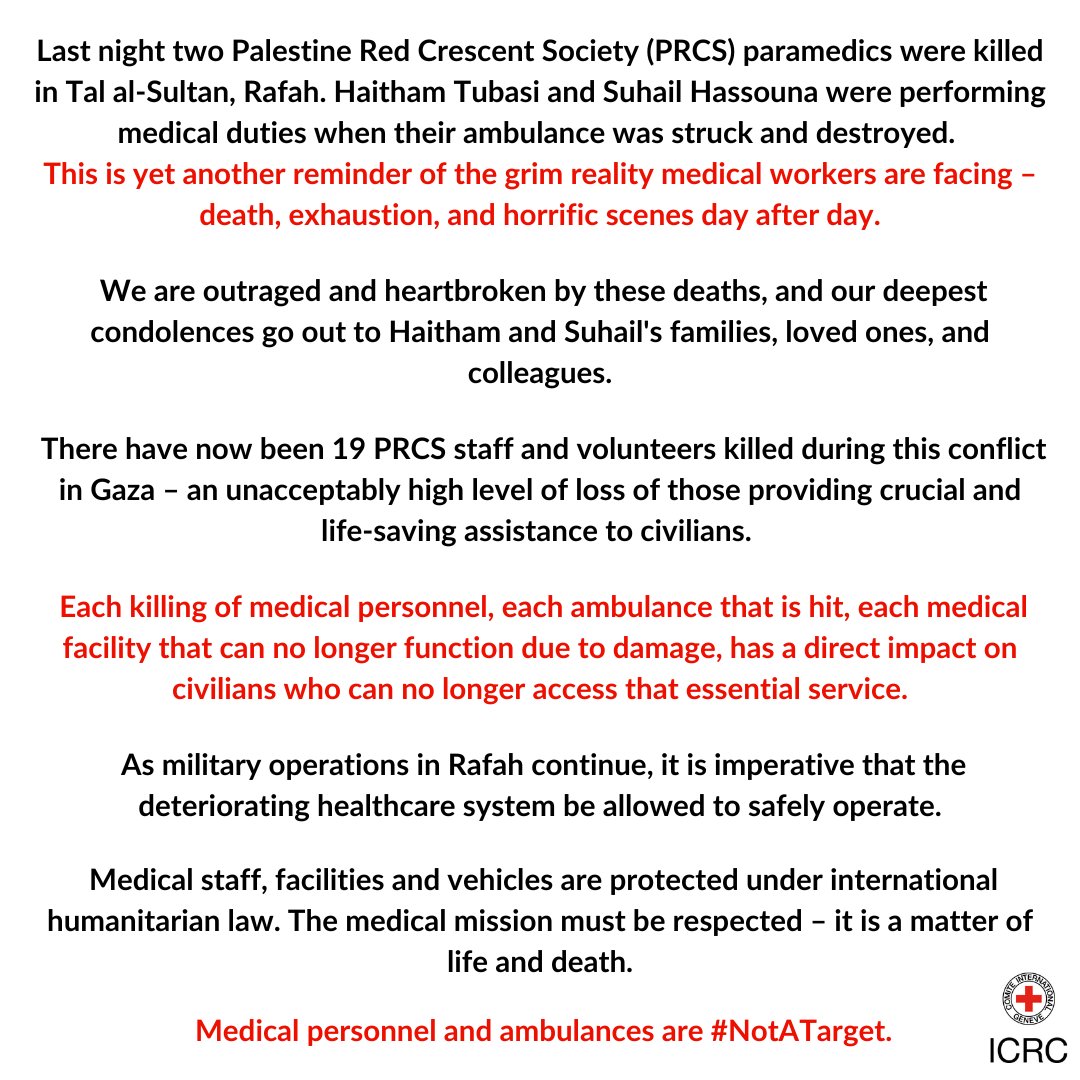 Our deepest condolences go out to <a href="/PalestineRCS/">PRCS</a> on the killing of their medics Haitham and Suhail. 

Medical personnel and ambulances are #NotATarget