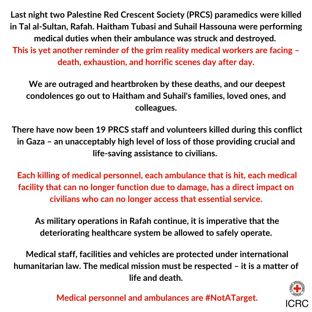 Our deepest condolences go out to @PalestineRCS on the killing of their medics Haitham and Suhail. Medical personnel and ambulances are #NotATarget