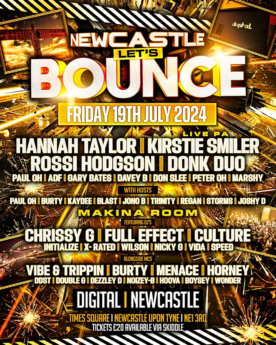 People get on this massive event Let's Bounce is going on tour 1st stop Newcastle at DIGITAL Nightclub so hit the link get your tickets and prepare for the best night of your life look at the line up it's huge🔥🔥🔥 Please share thanks skiddle.com/e/38088525
