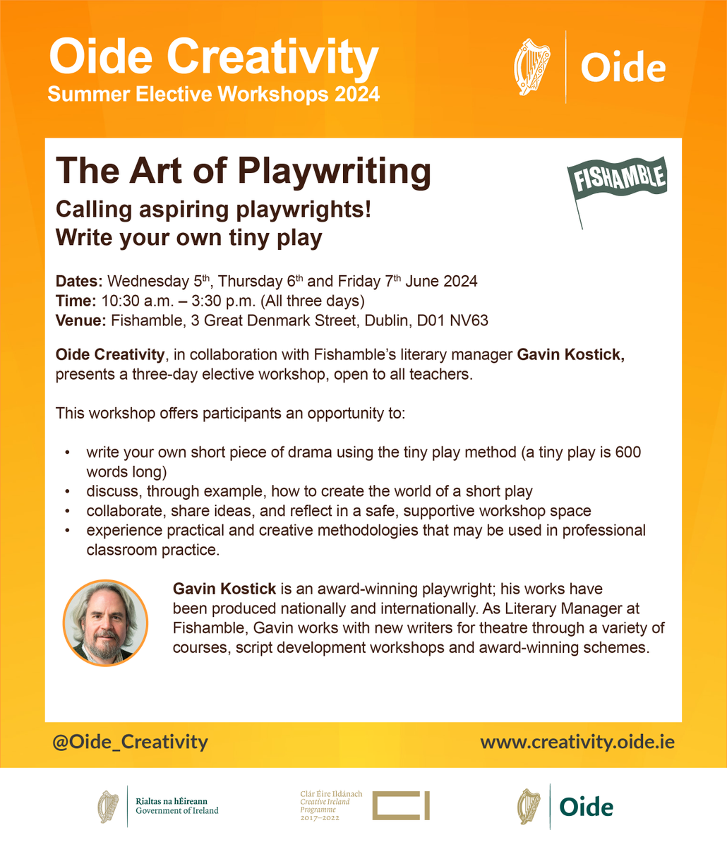 The Art of Playwriting takes place @Fishamble with Gavin Kostick during the first week of June. We are fully booked and looking forward to meeting you all for what promises to be a fantastic experience! Don't forget to check emails for further information.