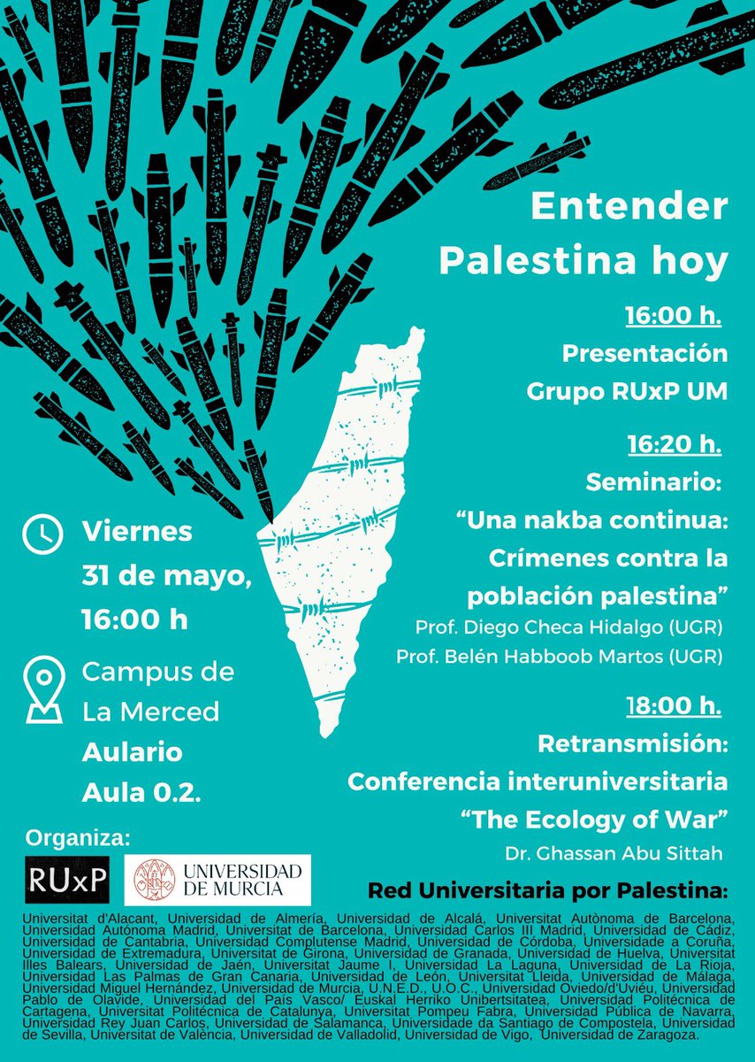 Este viernes tenemos una batería de actividades programadas en el campus de La Merced a partir de las 16:00h.

Si eres de los que se pregunta qué puede hacer tu universidad frente al genocidio en Gaza, estás invitado/a 👇🏽