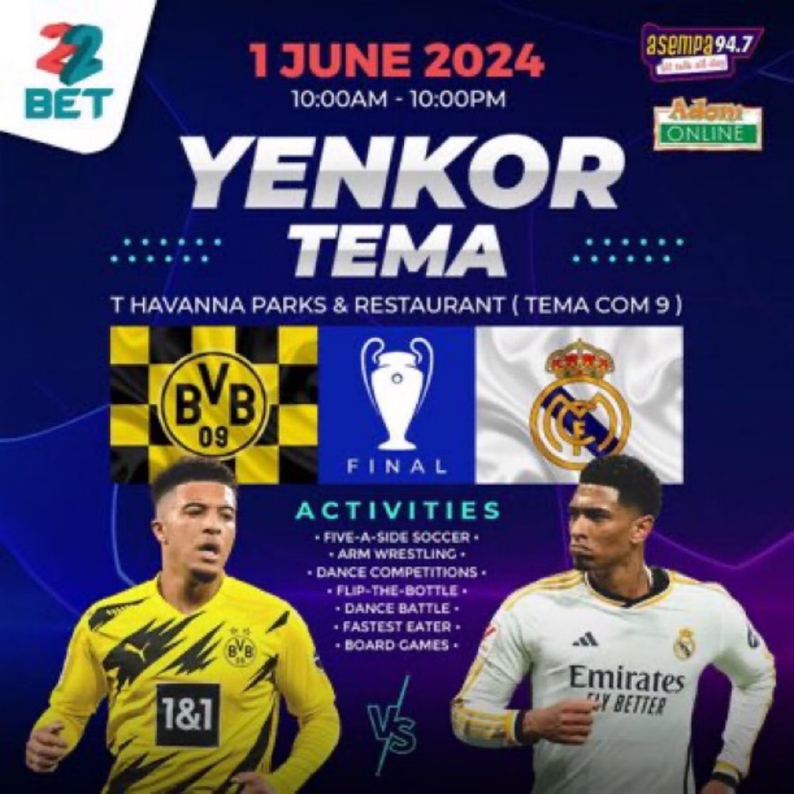 @22bet_ghana is making sure the UCL final is classic on the 1st June 💪
Just come to T Havanna Parks and Restaurant at Tema 💪
#22BetAlwaysPays