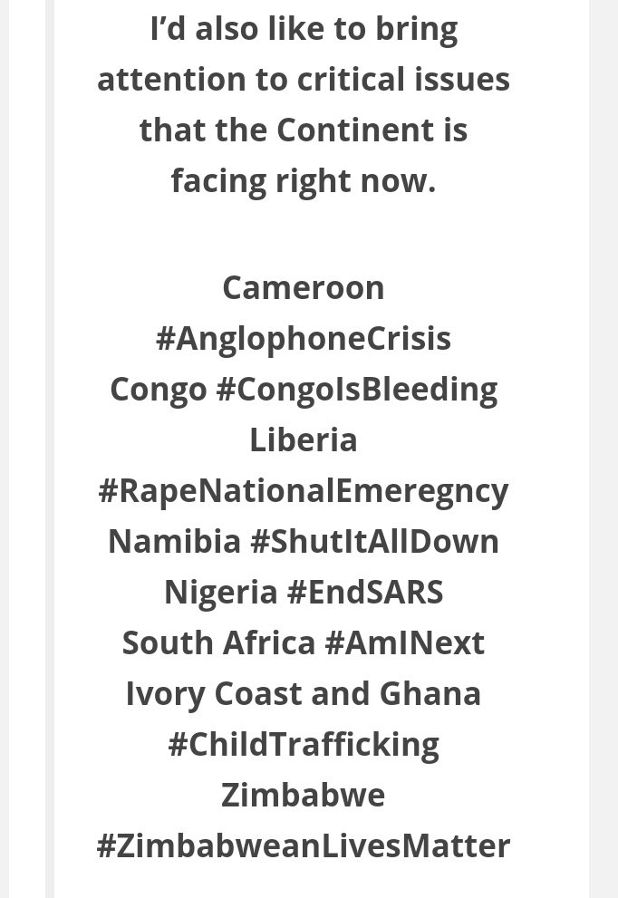 In 2020, Beyoncé spoke out on the genocide in Congo, as well as issues in Sudan, Liberia, Cameroon, Namibia, South Africa, Ivory Coast, Ghana, Zimbabwe. It was revealed years later that she had quietly donated to these causes.