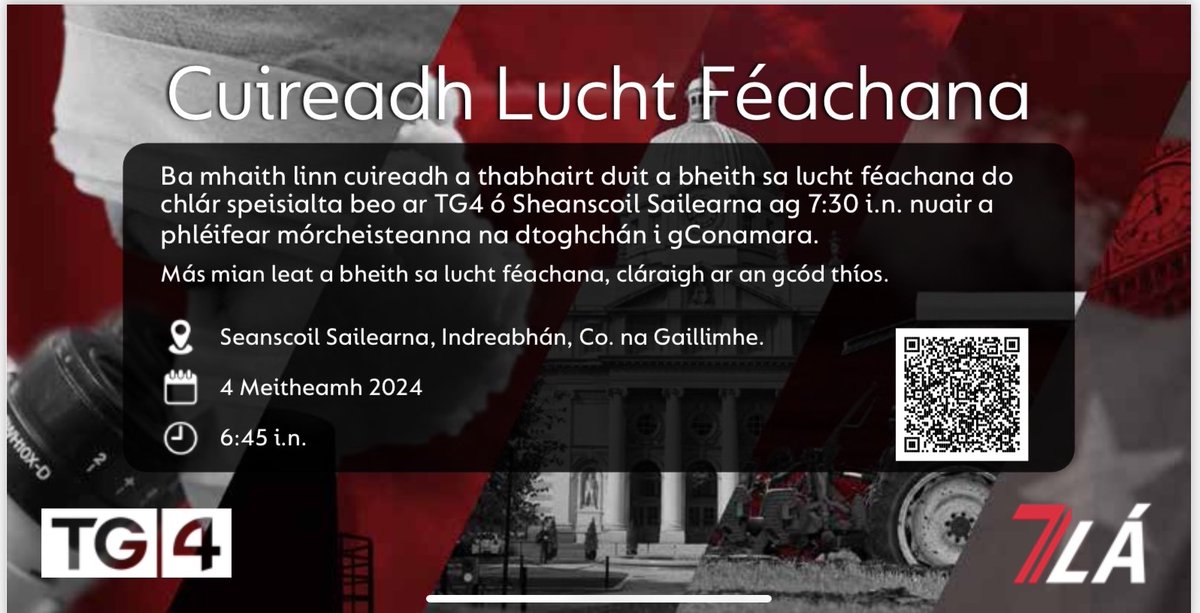 Cláraigh anseo le bheith sa lucht féachana do chlár speisialta beo ar @TG4TV ó Sheanscoil Sailearna Dé Máirt seo chugainn. #Vóta2024 Tá sé riachtanach clárú roimh ré. Nasc: forms.office.com/e/s9HxVh1T5m?o…