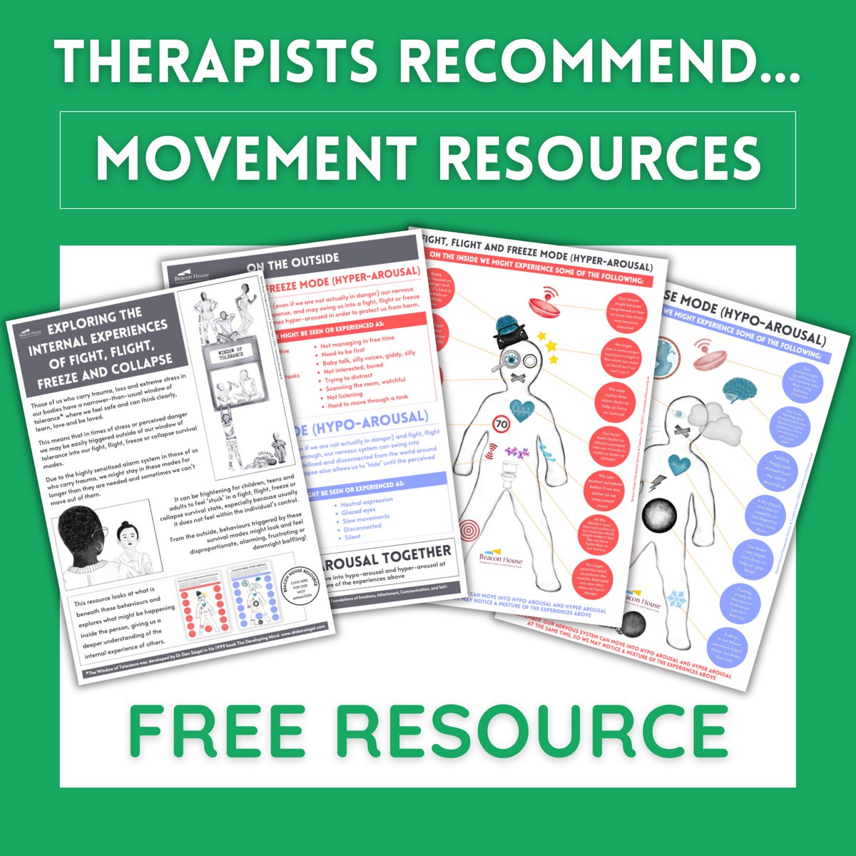 #TherapistsRecommend Free resource exploring the external body experiences of fight, flight, freeze and collapse. Download here: beaconhouse.org.uk/resources