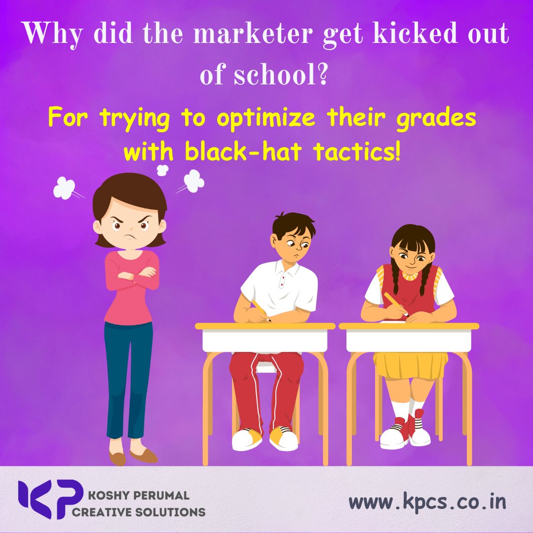 KPCS_Digital's tweet photo. Frolic Friday!
Why did the marketer get kicked out of school?
... For trying to optimize their grades with black-hat tactics!
#digitalmarketing #marketingmemes #marketinglife #smmbiz #entrepreneurlife #growyourbusiness #seo #marketingfails #marketingtactics https://t.co/OThY0yUZDg