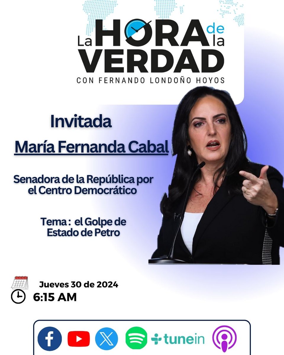 A esta hora #EnVivo con, @MariaFdaCabal- Senadora de la República por el Centro Democrático, quien nos hablará sobre el Golpe de Estado de Petro Escúchenos en: YT bit.ly/455q1UO FB bit.ly/451hv9a