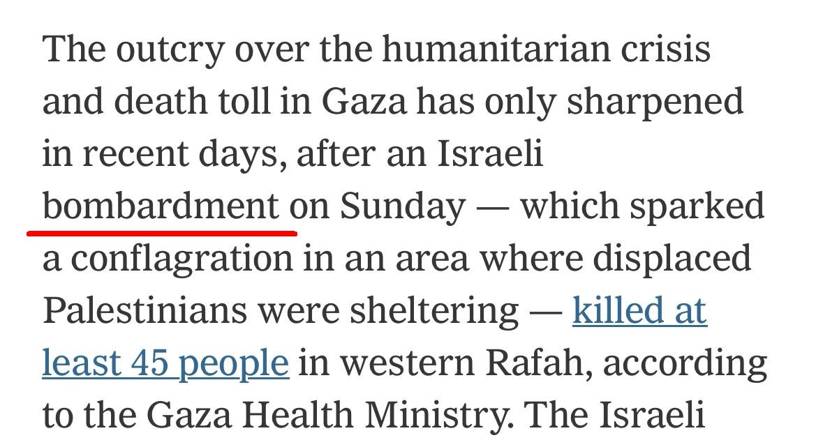 A precision strike with one or two bombs is not the definition of a 'bombardment.' @nytimes, stop attempting to falsely suggest Israel indiscriminately bombs Gaza & start asking why Hamas stores weapons within civilian areas. nytimes.com/2024/05/29/wor…