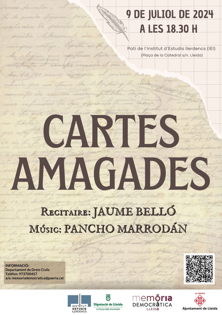 dretscivilsll's tweet photo. El 9 de juliol podreu assistir a l'espectacle "Cartes amagades" produït per Memòria Democràtica de @paerialleida, @ciadebello i Pancho Marrodán al patí de l'@IEILleida. L'exili i la deportació explicats mitjançant les paraules i la música. https://t.co/iogOJFajd3