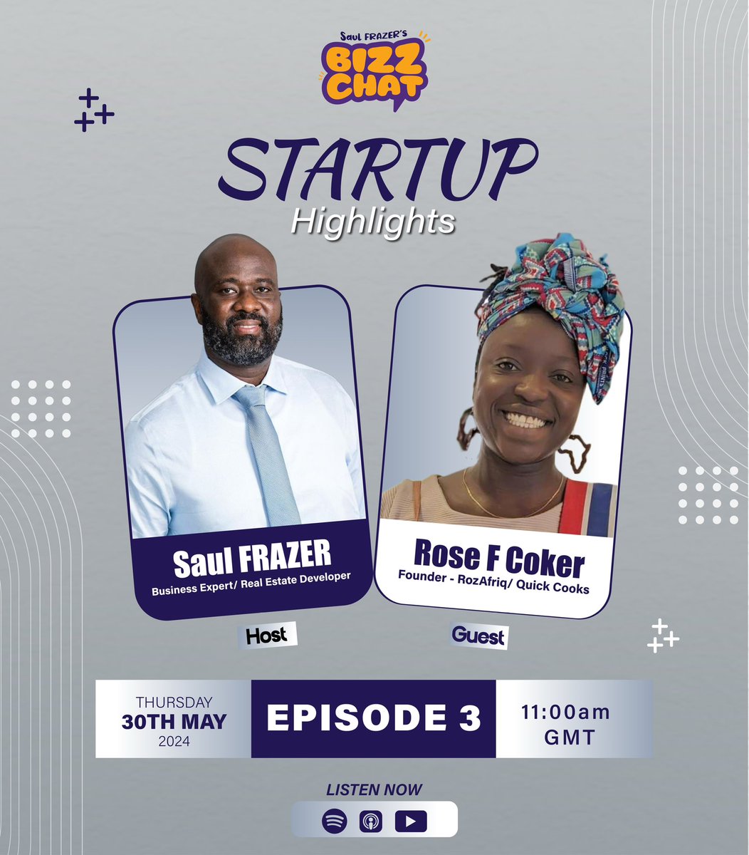 Startup highlight on Saul FRAZER’s #BizzChat and Rose F Coker - founder of @BoromRozAfriq is our guest on Episode 3. 

Our conversation highlights her journey in the business world and challenges entrepreneurs face. 

Listen on: linktr.ee/sfbizzchat 

#SaulFRAZER