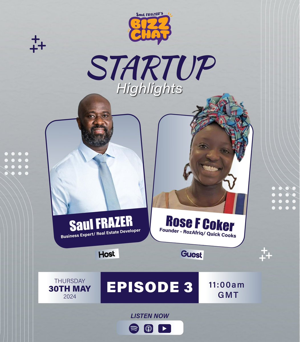 saul_frazer's tweet photo. Startup highlight on Saul FRAZER’s #BizzChat and Rose F Coker - founder of @BoromRozAfriq is our guest on Episode 3.
Our conversation highlights her journey in the business world and challenges entrepreneurs face.
Listen on: https://t.co/r6EwH9F2I3
#SaulFRAZER https://t.co/Efy7S8MEPL