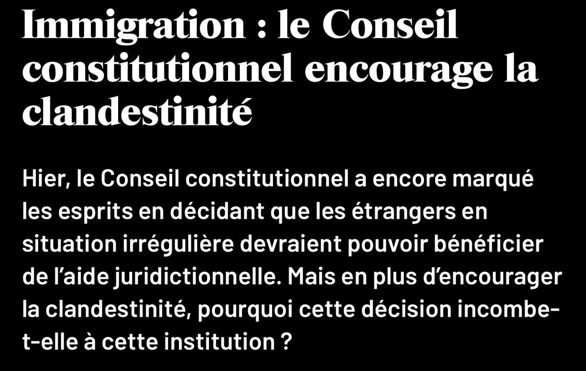 Le Conseil Constitutionnel, qui s'arroge sans arrêt des compétences nouvelles, vient donc de décider que les clandestins en France bénéficieront désormais de l'aide juridictionnelle. Cela veut dire en clair qu'une personne en situation irrégulière a le droit de bénéficier… 1/5