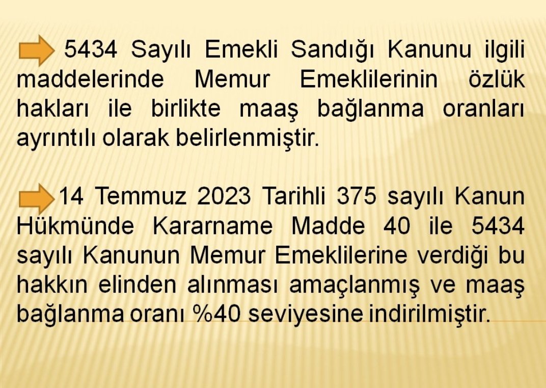 Memur Emeklileri olan hakkımız olan seyyanen ödememiz  ilk defa ek madde ile elimizden alınarak sefalet ücretlerine mahkum edildik
Hakkımızı yasa yoluyla engellemek için çıkardığınız haksız ek maddeyi iptal ediniz 
<a href="/tcbestepe/">T.C. Cumhurbaşkanlığı</a>
<a href="/AKPartiTBMMGrup/">TBMM AK Parti Grup Başkanlığı</a>
<a href="/MhpTbmmGrubu/">MHP TBMM Grubu #MHP</a>
#MemurEmeklisineAdalet
