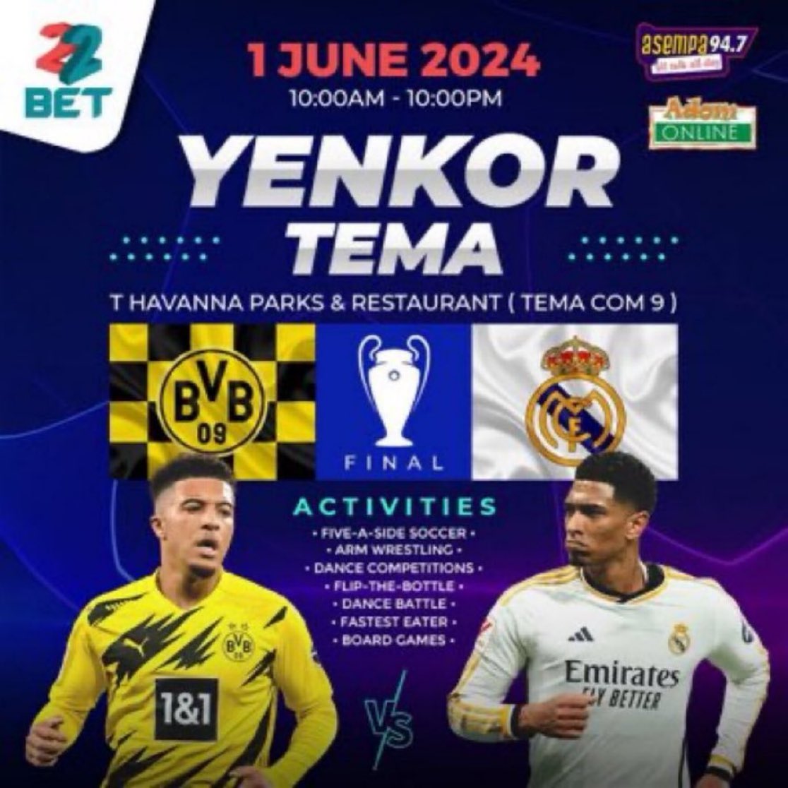 Join us for the UCL final WATCH PARTY at T Havana Park in Tema (Com. 9)! Enjoy the chance to win amazing prizes, including jerseys, 22Bet-branded caps, T-shirts, face towels, and bottles. #22BetAlwaysPays