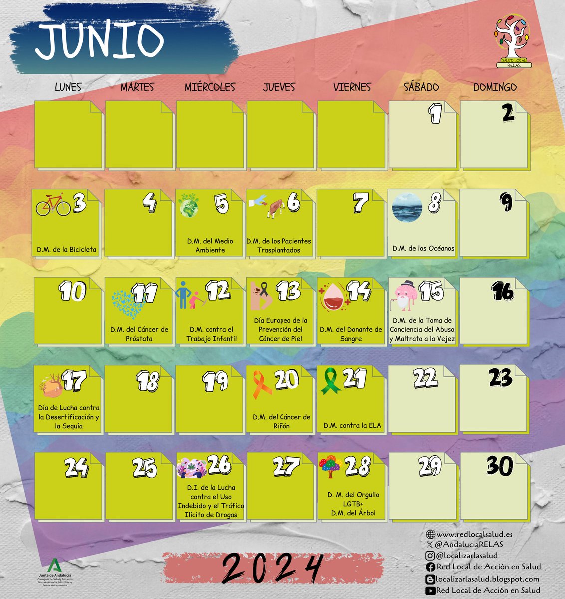 #SaludPúblicaAndalucía 📢Fin de semana fin de mes. 🗓️Consulta el calendario de junio para conocer las principales conmemoraciones. #LocalizarlaSalud @saludand @VidaSaludAnd @EASPsalud