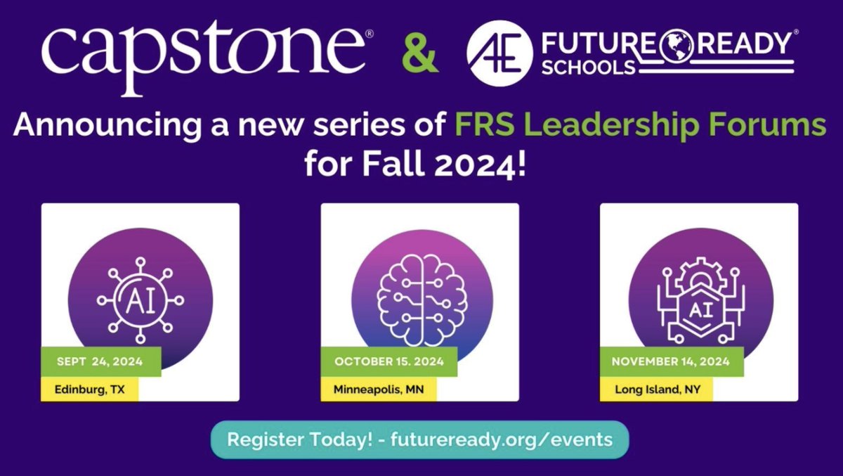 We have exciting news, friends!🎉

<a href="/FutureReady/">Future Ready</a> &amp; <a href="/CapstonePub/">Capstone 📚 💻 🌈</a> are thrilled to announce a new series of FRS Leadership Forums coming this fall. These free, one-day events are designed to equip educators with the skills needed for the future of education. 

🗓️ Dates &amp; Locations:
