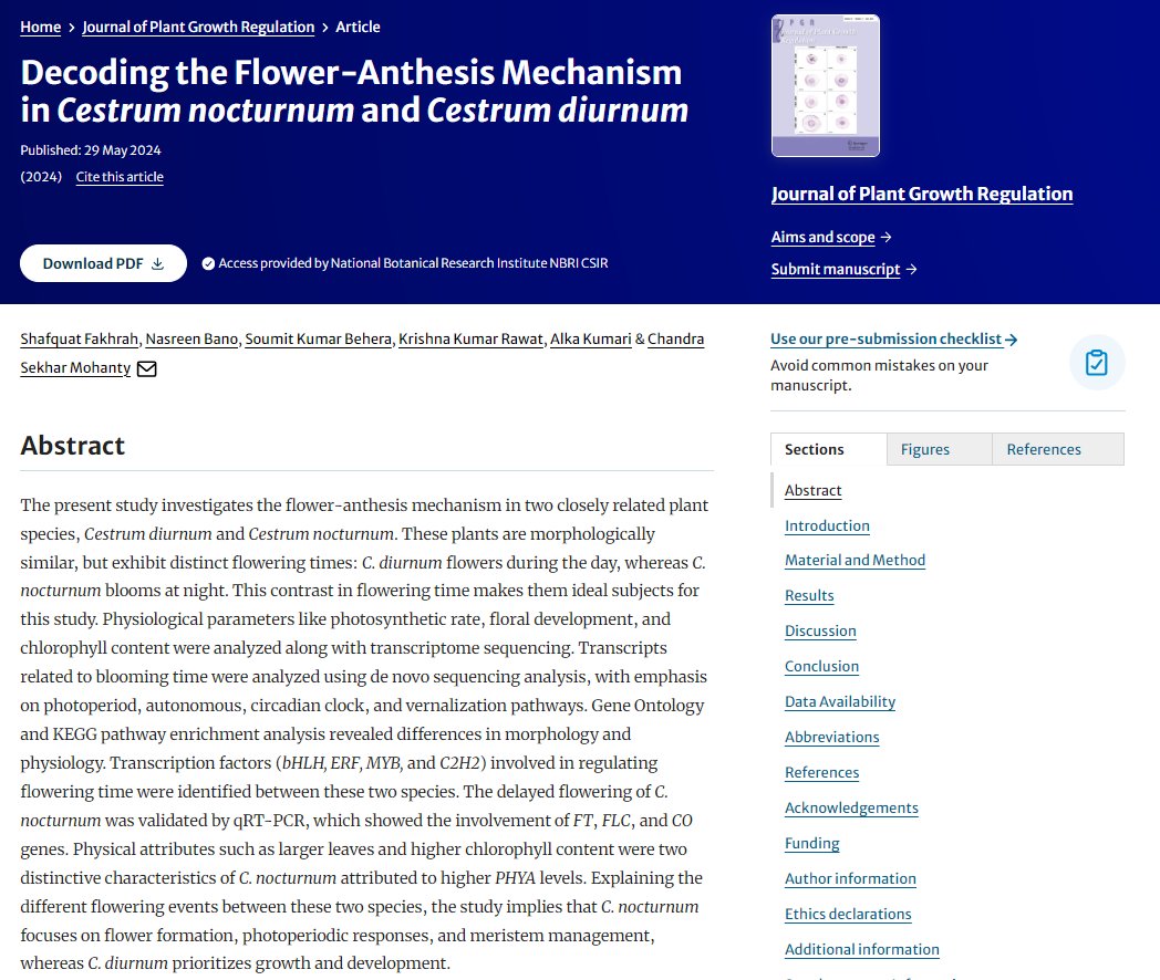 Many Congratulations to Dr. CS Mohanty & their team for the research article 'Decoding the Flower-Anthesis Mechanism in Cestrum nocturnum and Cestrum diurnum' published in Journal of Plant Growth Regulation (IF 4.8)
link.springer.com/article/10.100…  
@akshasany