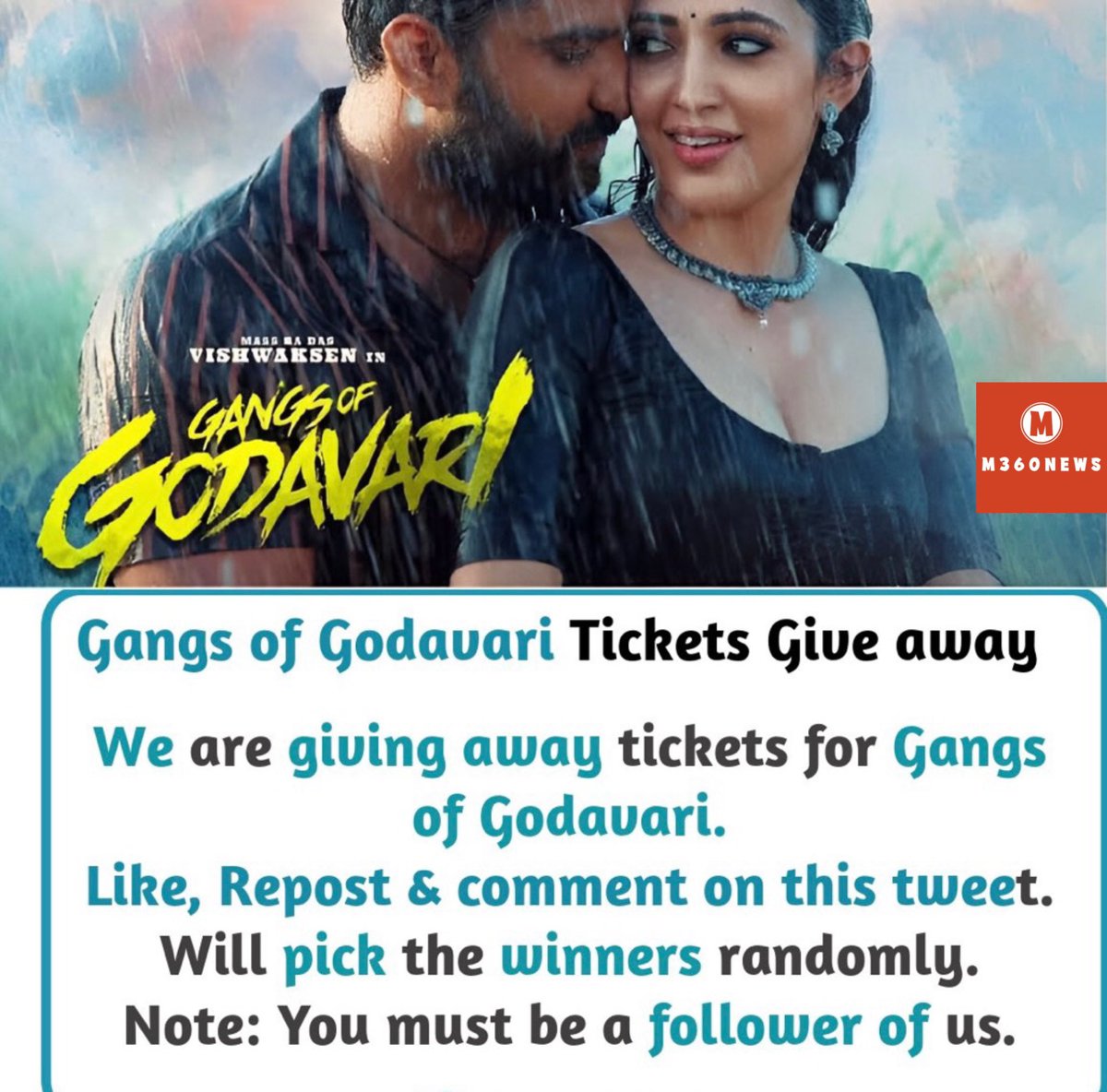#GangsOfGodavari give away. 🤝

#GiveAway #VishwakSen #NehaShetty 

Follow us <a href="/M360News/">M360 News</a> ✅

Like , RT , Follow &amp; comment your theatre, we will get in touch with our followers for the tickets 

Note: Turning ON notifications for our tweets will get priority 💯
