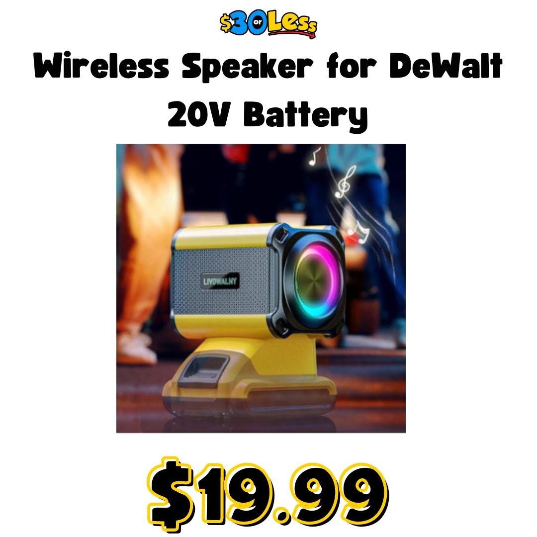 Wireless Speaker for DeWalt 20V Battery | $19.99
30orless.com/deal/portable-…

#30orless #deal #sale #deals #discount #coupon #savings #offer #bargain #dealoftheday #couponing #dealsandsteals #neverpayfullprice #amazon #amazonfinds #amazondeals #speaker #dewalt #music
