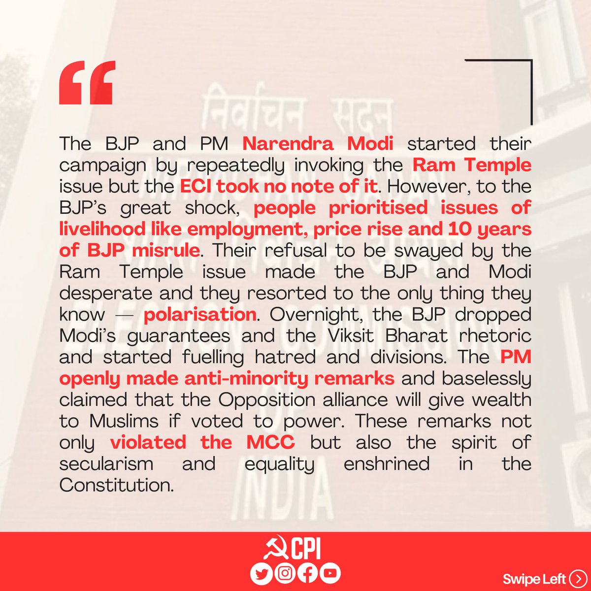 CPI_National's tweet photo. CPI GS @ComradeDRaja’s article in Indian Express.

Free &amp; fair voting is the cornerstone of our democracy and ECI is the instrument to ensure that right. As we see institutional erosion all around us, ECI should serve the people according to its mandate.
https://t.co/cxXe7A2m4t https://t.co/YPBPU19b0r