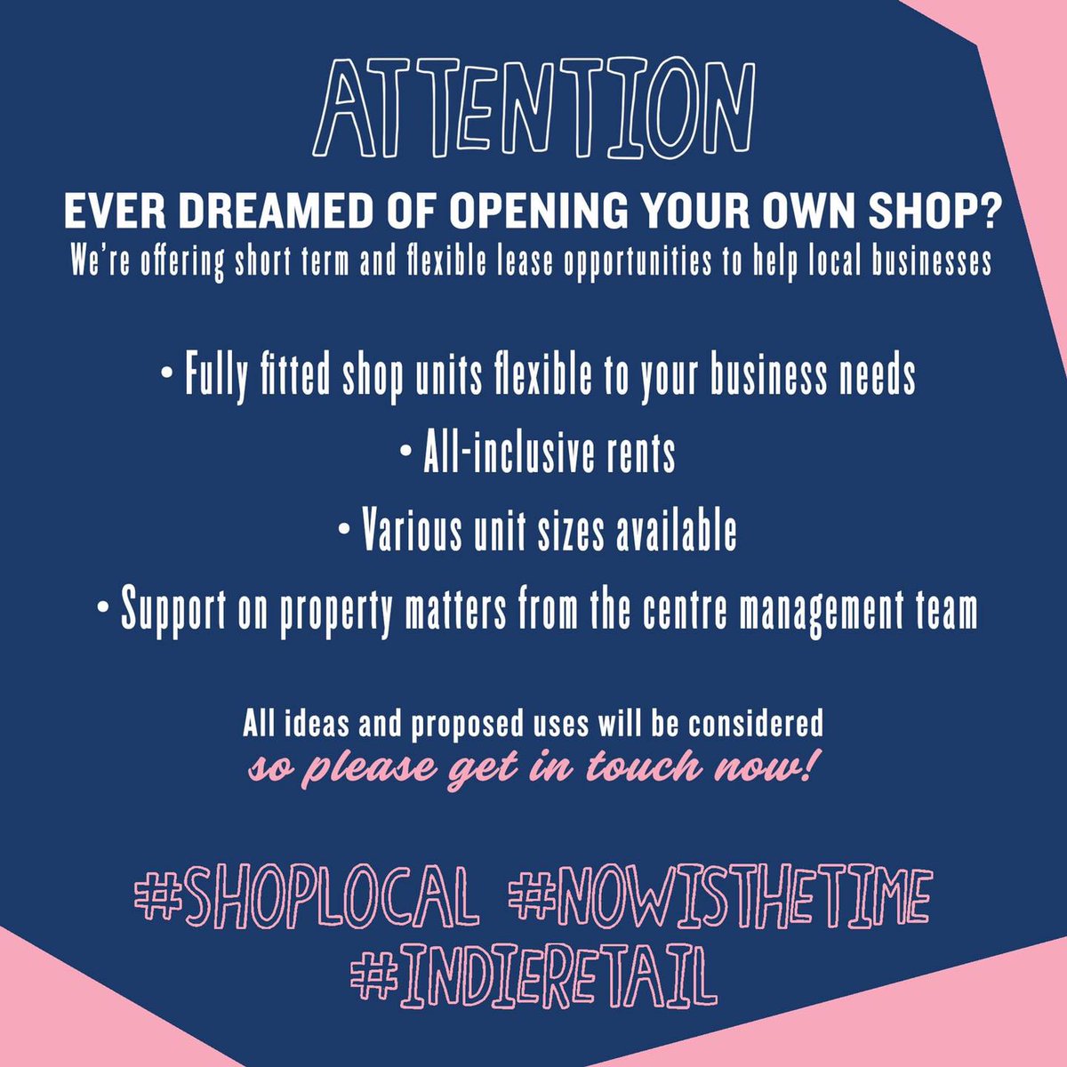 💭 Got some big ideas?  Dreaming of being your own boss?
Take the first step and get in touch to find out more details! 📞

#popupshop #shoplocal #nowisthetime #indieretail #dreamcometrue #hillstreetmiddlesbrough #BeYourOwnBoss