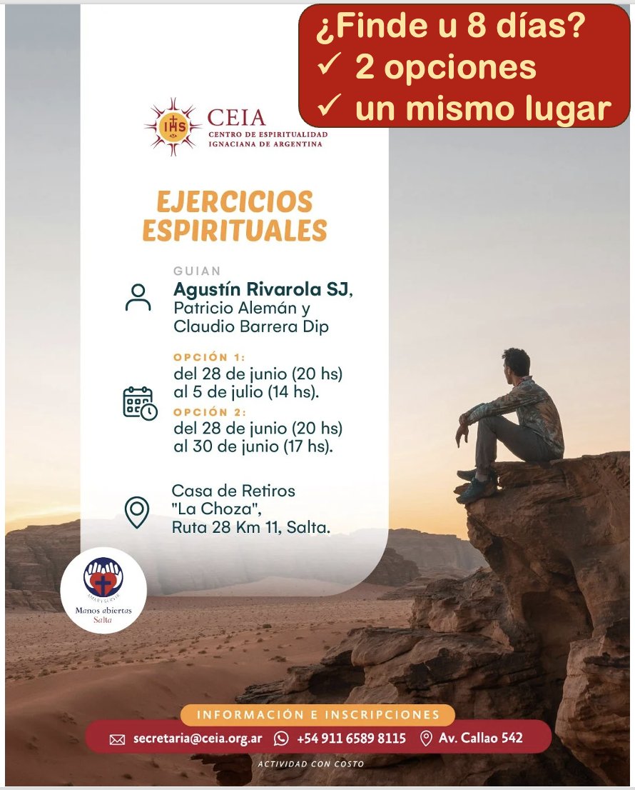 Con apoyo de la Fundación Manos Abiertas, el CEIA ofrece dos propuestas simultáneas en la ciudad de Salta: una semana entera para sumergirse en los Ejercicios de San Ignacio, y un fin de semana para vivir el “sacramento del silencio”. Más info en nuestra página web (ver perfil).