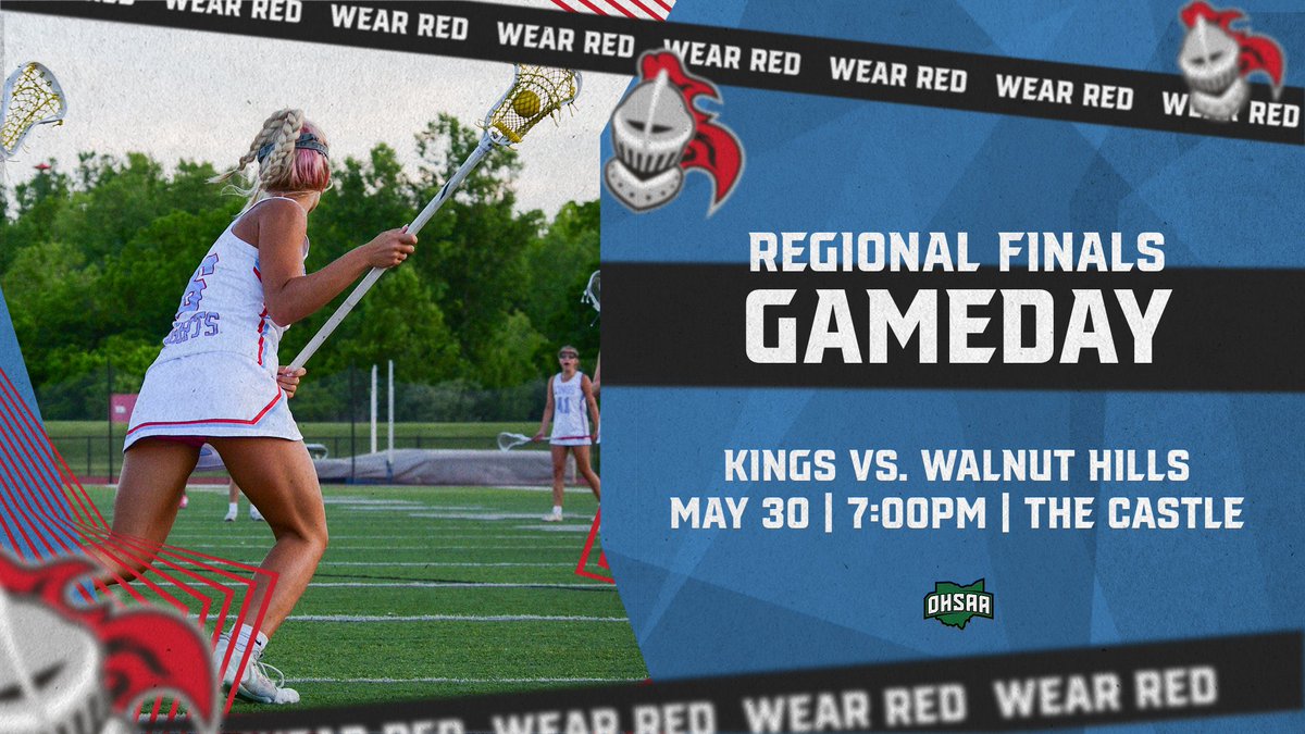 khswlax's tweet photo. 🚨KNIGHT NATION 🚨
Pack the stands, be loud, and wear RED tonight at The Castle as the Lady Knights face Walnut Hills in the Regional Finals! First draw is at 7:00pm.  #GoKnights
@Kings_Schools @Kings_HS @kingsathletics @KINGSHSLAX https://t.co/lsFzSTKgan