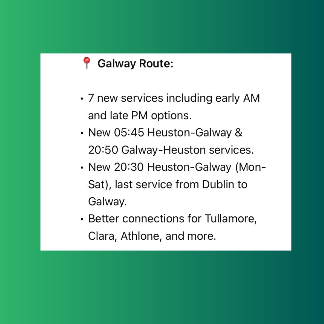 New train services on the Galway line! 8.30 p.m. from Heuston.

Late, early, and in between!

Coming in August #KeepGoingGreen