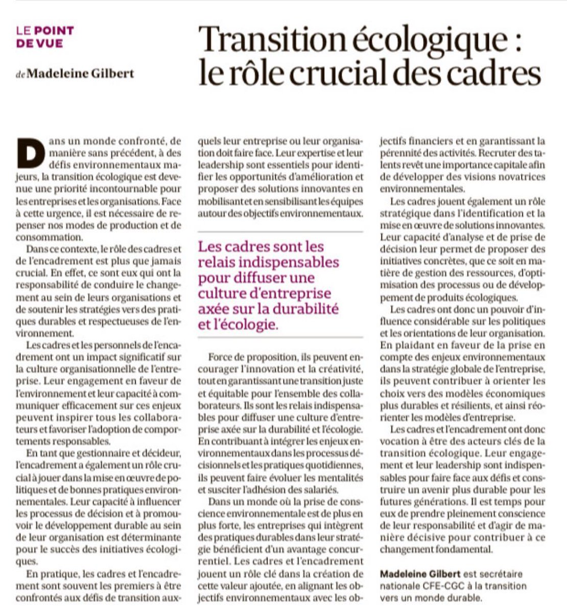 Tribune de @mgilbert_maddy 'Les professionnels de l'encadrement ont un rôle déterminant pour embarquer les entreprises sur le chemin de la #TransitionEcologique 

👉lesechos.fr/idees-debats/c…