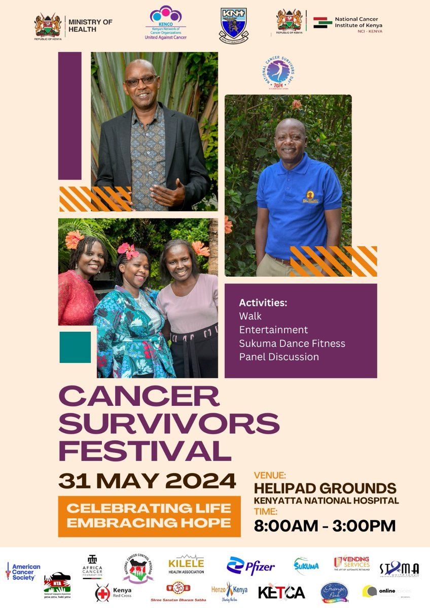 The highly anticipated Cancer Survivors Festival is here! Join us tomorrow, Friday, May 31st, at the Helipad Grounds @KNH_hospital from 8:00 AM to 3:00 PM. Let us celebrate resilience and hope together! #CancerSurvivorsFestival #CelebrateLife #NationalCancerSurvivorsDay2024