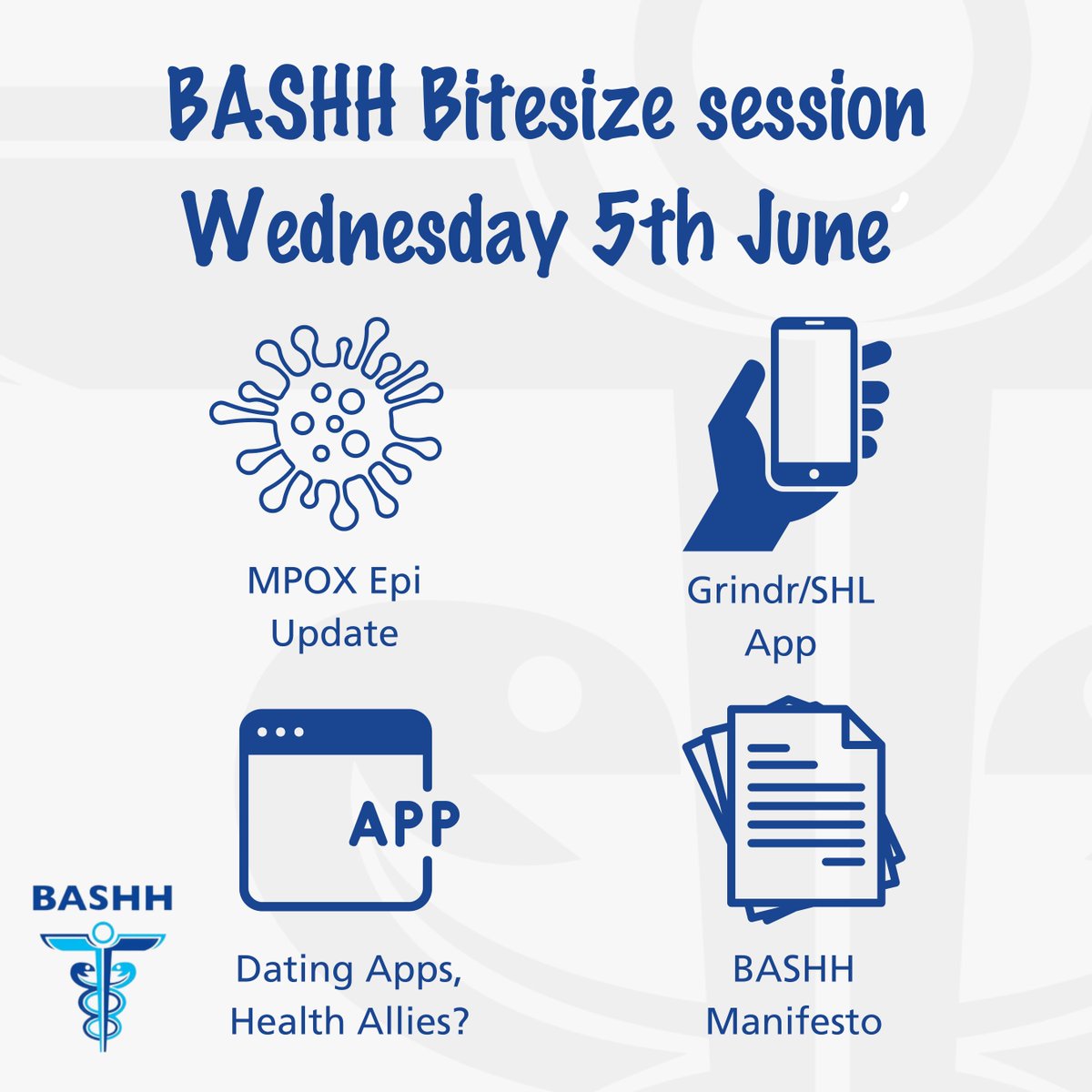 We have another exciting BASHH Bitesize session taking place on Wednesday 5th June from 17:00-18:00 (BST)! Hear from expert speakers such as Hannah Charles from @UKHSA, @JGarciaIglesias as well as our President @Prof_Matt_P. Join for free ➡️ bit.ly/451sb7I