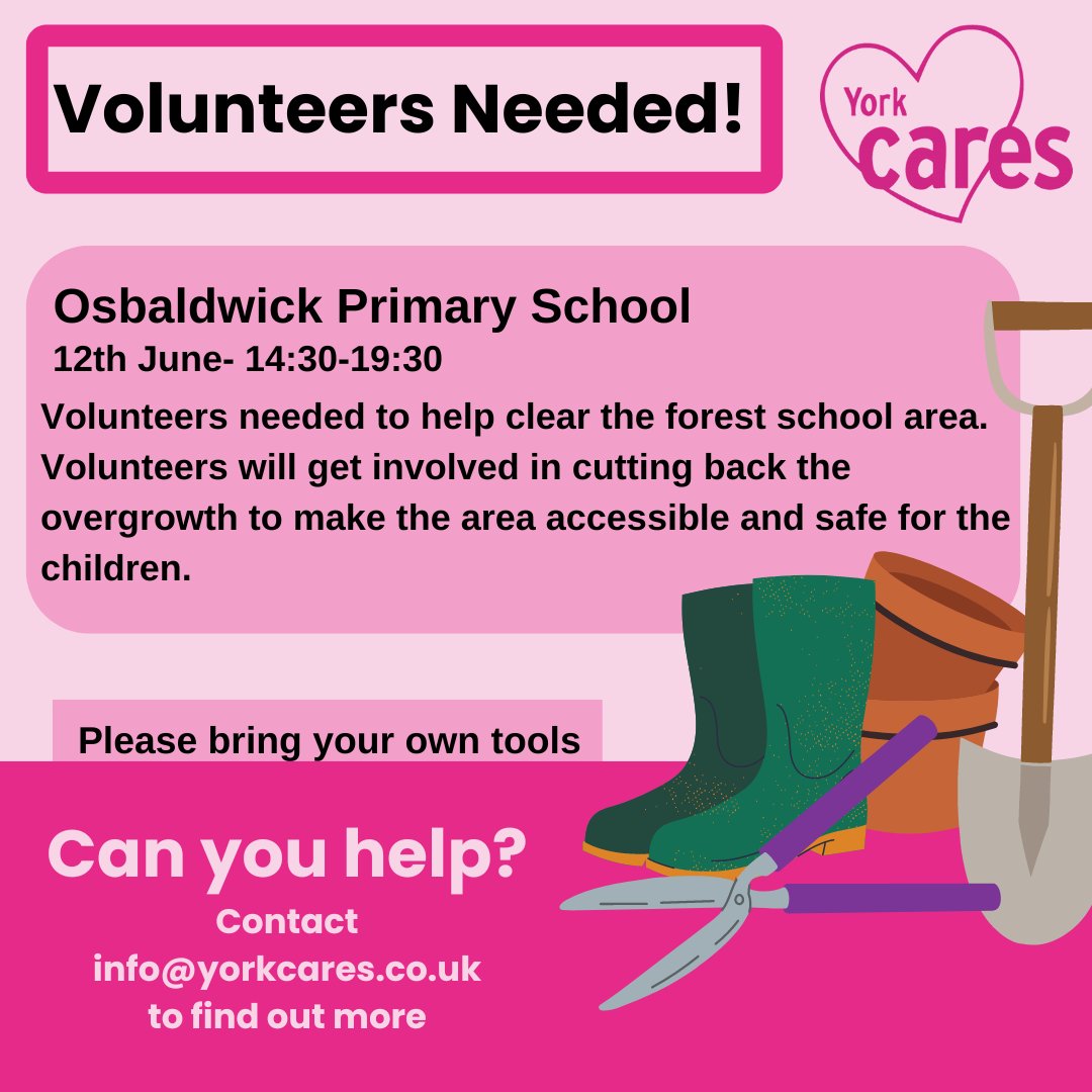 York Cares (@yorkcares) on Twitter photo Can you help? We are looking for volunteers to help clear the forest school area at Osbaldwick Primary School. To find out more or to get involved contact info@yorkcares.co.uk Can you help? We are looking for volunteers to help clear the forest school area at Osbaldwick Primary School. To find out more or to get involved contact info@yorkcares.co.uk
