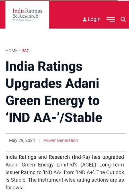 Adani Green Energy Limited (AGEL), India’s leading green energy manufacturer, has achieved another milestone! India Ratings has upgraded AGEL's credit rating to 'IND AA-/Stable,' reflecting the company's excellent performance and sustainable growth. #Adani