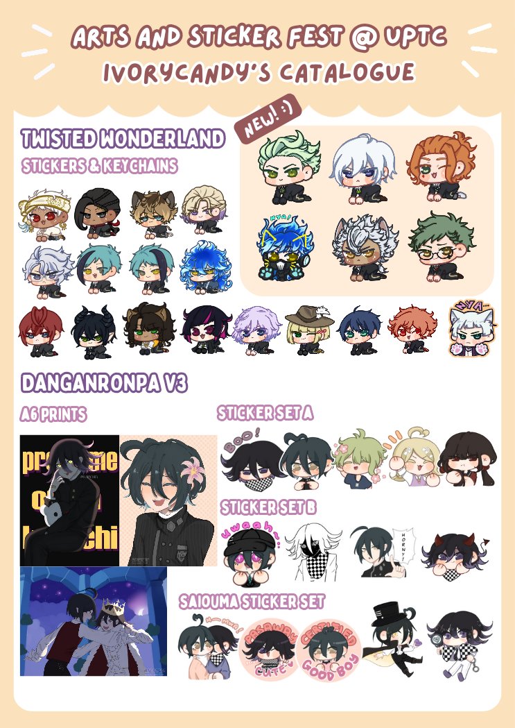 [ RTs 💖 ]

I'll be boothing with Maimai Art and Tatsuke Arts  at UPTC Arts and Sticker Fest this weekend! ᕙ⁠(⁠＠⁠°⁠▽⁠°⁠＠⁠)⁠ᕗ

🆕 BSD stickers, more TWST stickers/keychains

👇 Map in replies