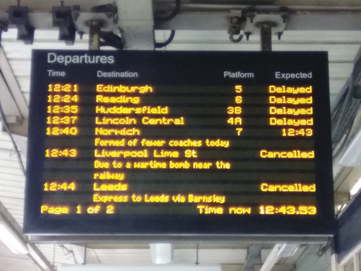 EVTamlyn's tweet photo. Severe disruption at #Sheffield 'Due to a wartime bomb near the railway'

#TrainDelays #NotHeardThatBefore https://t.co/8eGIA1eQ3g