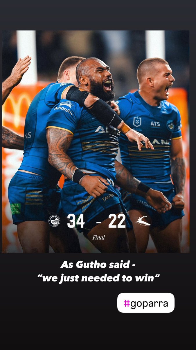 GOkladnikov's tweet photo. As Gutho said - “we just needed to win”. And with Mitch back, Gutho back , Hands at number 8,, and big Junior barrelling forward - we look like a different team .

Go Parra !!! #parraeels #goparra #nrl #rugbyleague #blueandgold https://t.co/6xw2GP7FnH