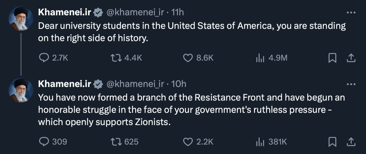 Dear university students of America and future leaders of tomorrow - when Ayatollah Khamenei is applauding you, you are on the WRONG side of history!