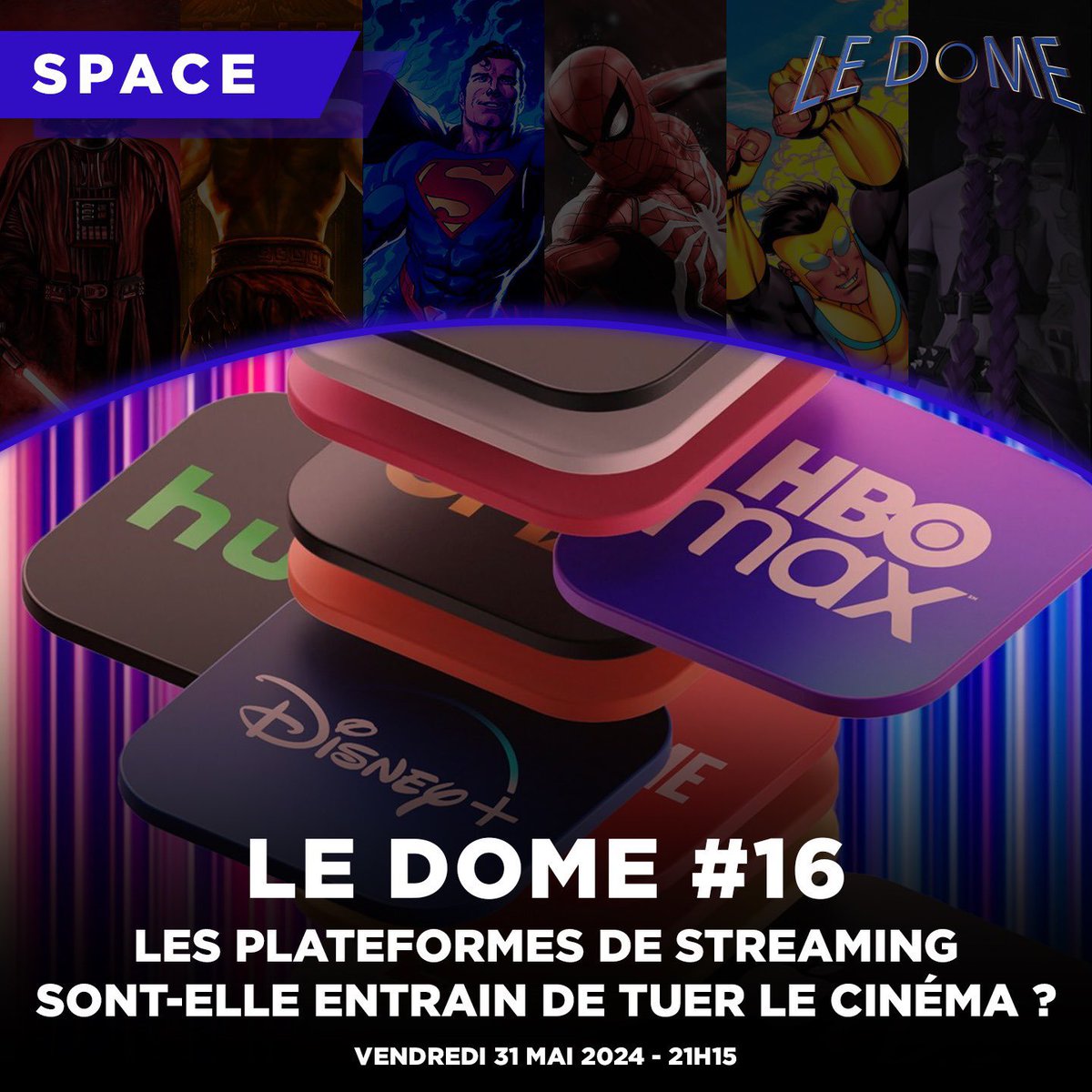 “Les plateformes de streaming sont-elles en train de tuer le cinéma?!” Ne ratez pas #LeDome16 demain soir à partir de 21h15 ! Seront présent @hlwdvibes @grady4reall @UrukLotr @MarvelDCcomic15 @tori10__ @DiegGoat @LeDocteurTardis et d’autres.. (🔔 x.com/i/spaces/1ldxl…)