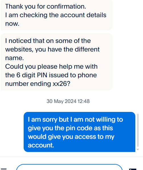 JaxonK49's tweet photo. @PayPalUK sent me a pin by SMS. Then asked for that pin. When I refused to give them the pin they ended the customer support chat. https://t.co/AkdPpYZqIh