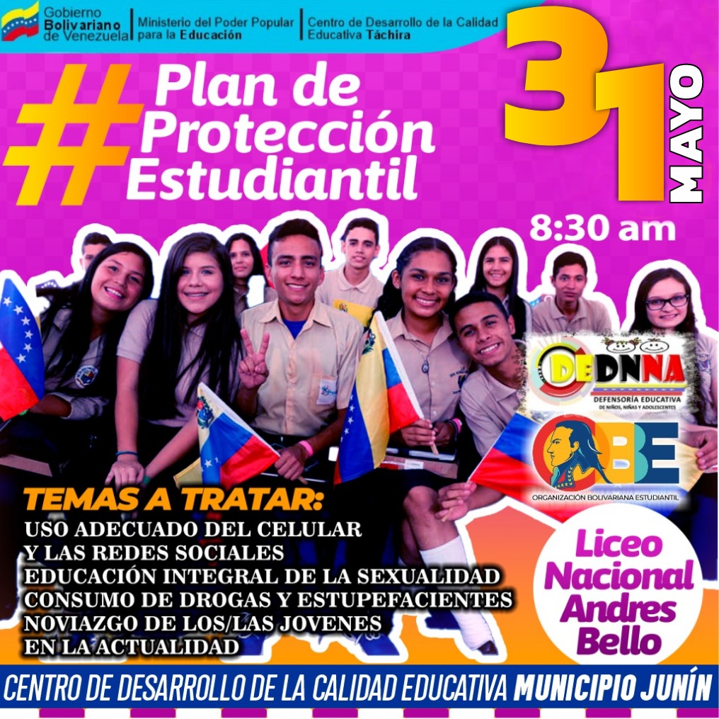 El DEDNNA del Municipio Junín Estado Táchira desarrolla plan de protección estudiantil para toda la Juventud Rubiense, viernes 31 de mayo <a href="/_LaAvanzadora/">Yelitze Santaella</a> <a href="/Berzabethg1/">Berzabethgandicaoficial</a> <a href="/CDCETachira/">CDCE Táchira</a> <a href="/NicolasMaduro/">Nicolás Maduro</a> <a href="/FreddyBernal/">Freddy Bernal</a>