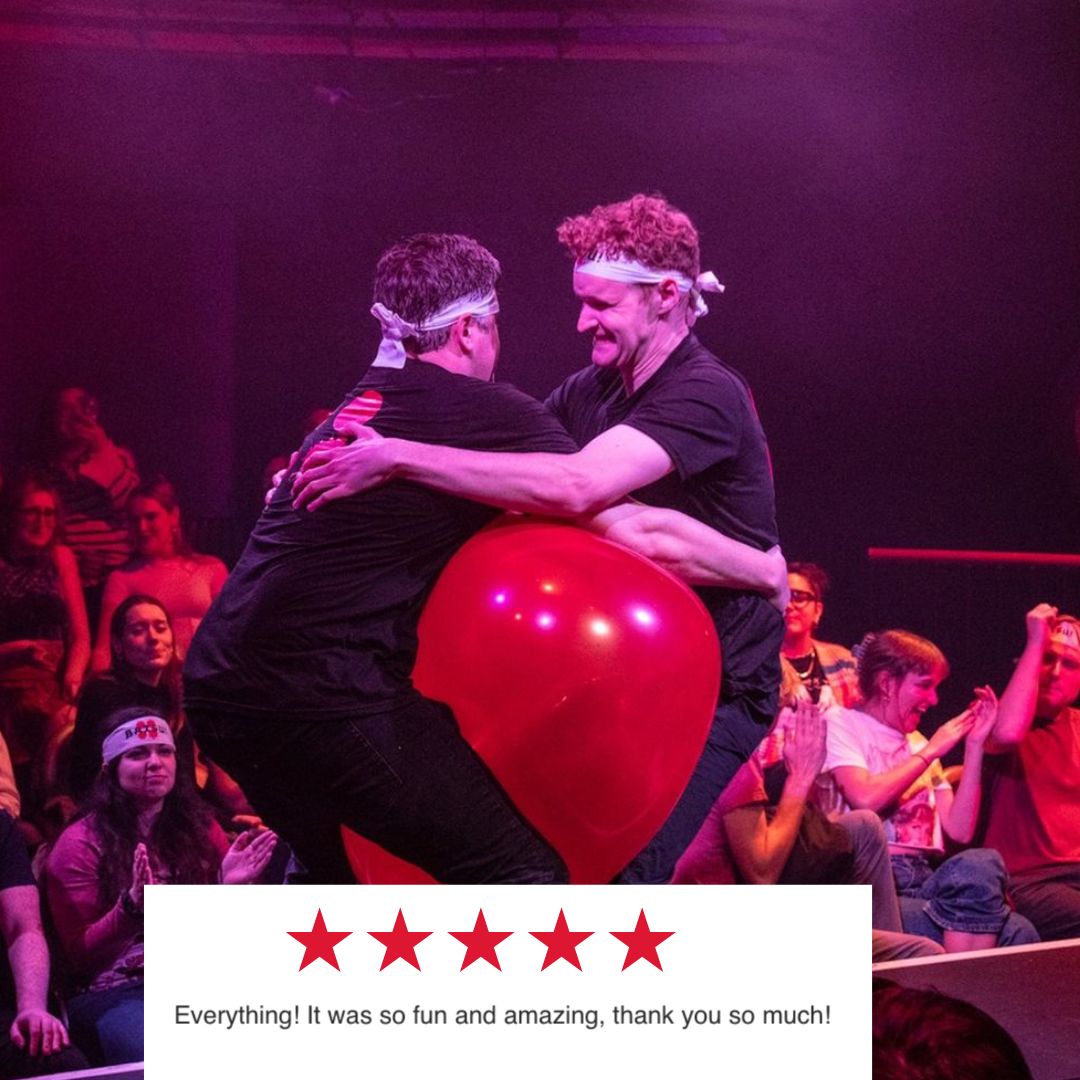 Hugs and bops at BATSU! Because why not throw in a giant balloon for that extra squeeze? 😆🎈

Tickets STILL AVAILABLE for tomorrow night's show at #BATSULondon! You don't want to miss #BATSULondon, limited weeks left to see the hit-comedy show at @UnderbellyBoulevard!