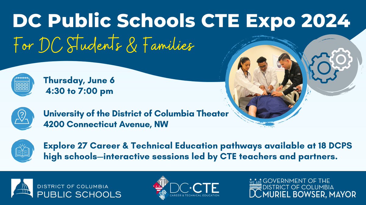 Join us for the DCPS Middle School CTE Expo Family Night! ⚙️ On Thursday, June 6 from 4:30-7:00 p.m. families are invited to @udc_edu to learn about CTE pathways, meet our CTE partners & high school students, & engage in interactive sessions led by CTE teachers.