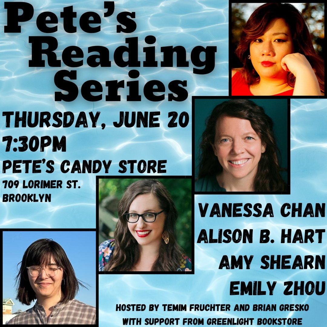 Pete's Reading (@petesreading) on Twitter photo Smoking hot season closer alert! 6/20 will bring brilliant authors @emializh , @amyshearn , ex-cohost <a href="/vanjchan/">Vanessa Chan</a> , & series co-founder @alisonbhart ! + your trusty co-hosts <a href="/temim/">Temim Fruchter</a> & <a href="/briangresko/">Brian Gresko</a> , plus books from <a href="/greenlightbklyn/">Greenlight Bookstore</a> . Save the date + see you there! βοΈ Smoking hot season closer alert! 6/20 will bring brilliant authors @emializh , @amyshearn , ex-cohost <a href="/vanjchan/">Vanessa Chan</a> , & series co-founder @alisonbhart ! + your trusty co-hosts <a href="/temim/">Temim Fruchter</a> & <a href="/briangresko/">Brian Gresko</a> , plus books from <a href="/greenlightbklyn/">Greenlight Bookstore</a> . Save the date + see you there! βοΈ