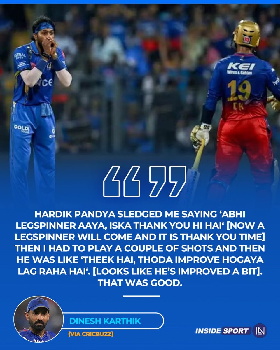 Dinesh Karthik reveals how Hardik Pandya sledged him during IPL 2024. #IPL2024 #DineshKarthik #HardikPandya #CricketTwitter