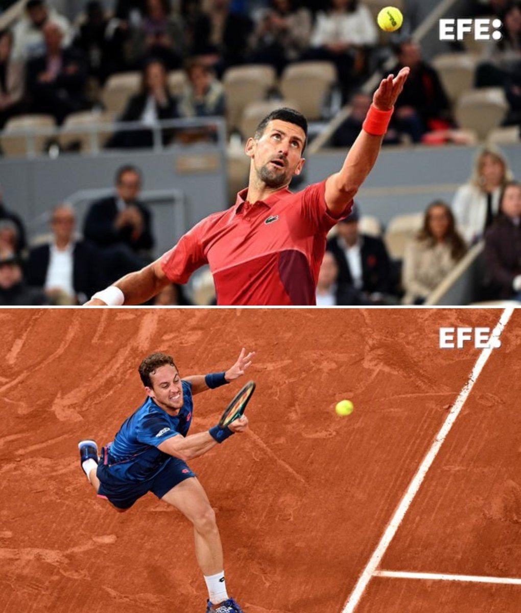 🎾 Djokovic vapulea a Carballés (6-4, 6-1 y 6-2). 💪🏻 El serbio, 'contento con lo hecho hoy' respecto a su debut, alcanza por 19ª ocasión consecutiva la tercera ronda de #RolandGarros. 🆚 Se medirá al vencedor del duelo entre Monfils y Musetti.