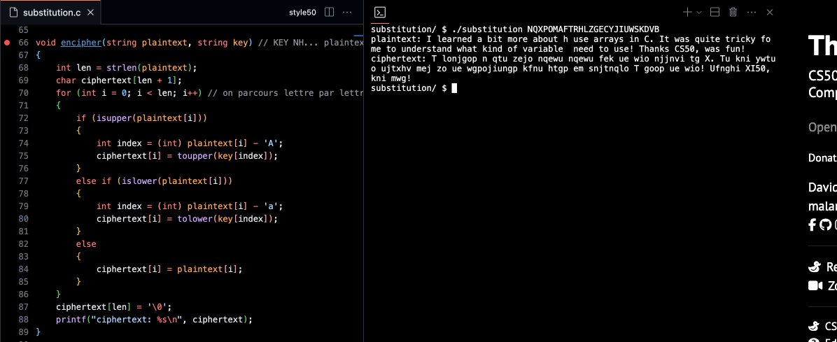Gregbigchouffe's tweet photo. Just completed another #CS50 project! 🚀 Today, I delved deeper into arrays to encipher messages. Still playing with C  🔍💬 

3/10 weeks of this course completed ✅

#100DaysOfCode #Developer #Coding #Encryption #CS50x https://t.co/uYixK3cIFR